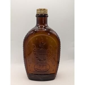 Vintage Log Cabin Syrup Amber Glass Bottle 1776 Bicentennial Eagle Embossed 8in